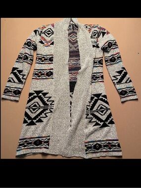 Pinklicious Open-Front Aztec Pattern Long Cardigan - Gray - Women’s Medium